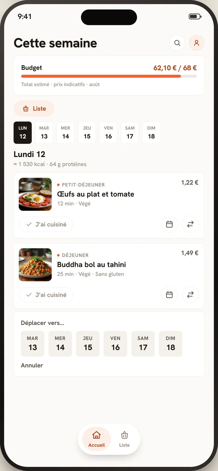 Écran « Cette semaine » de Mijo, sélecteur de jour ouvert en bas : les jours de la semaine proposés pour déplacer le repas choisi.