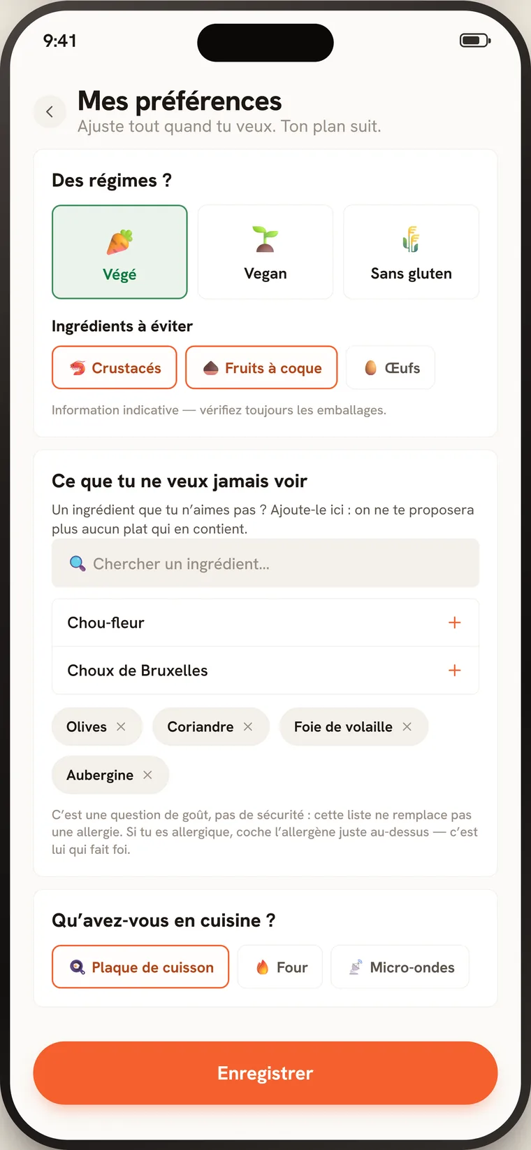 Écran « Mes préférences » de Mijo : les régimes, les allergènes à éviter, un champ de recherche pour ajouter un ingrédient à écarter, les ingrédients déjà écartés en étiquettes, et les appareils de cuisine.