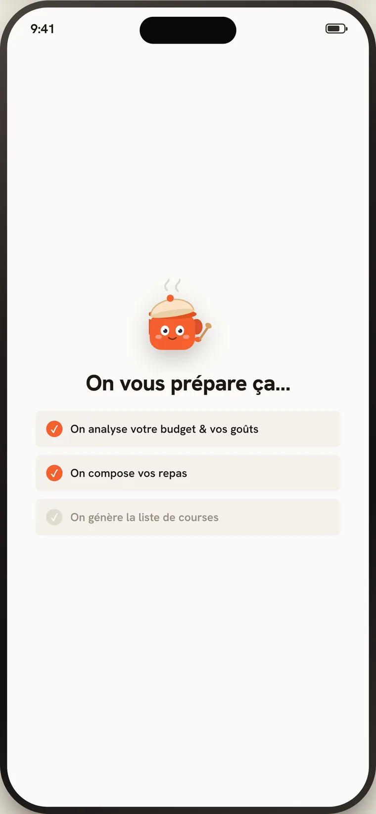 Écran de génération de Mijo : la mascotte cocotte et les étapes en cours, analyse du budget et des goûts, composition des repas, génération de la liste de courses.
