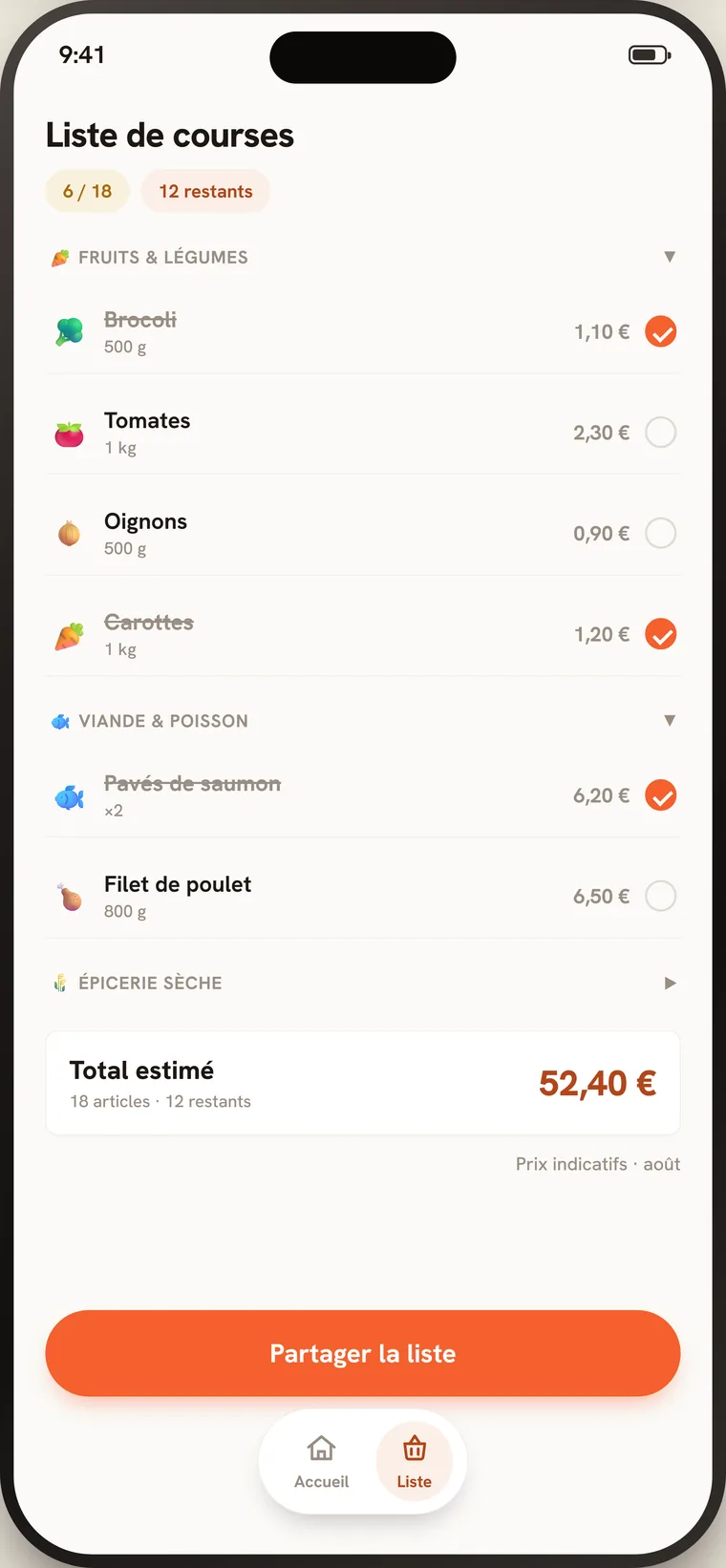 Écran « Liste de courses » de Mijo : les articles groupés par rayon avec leur prix estimé, les articles cochés barrés, et un total estimé de 52,40 € pour 18 articles.