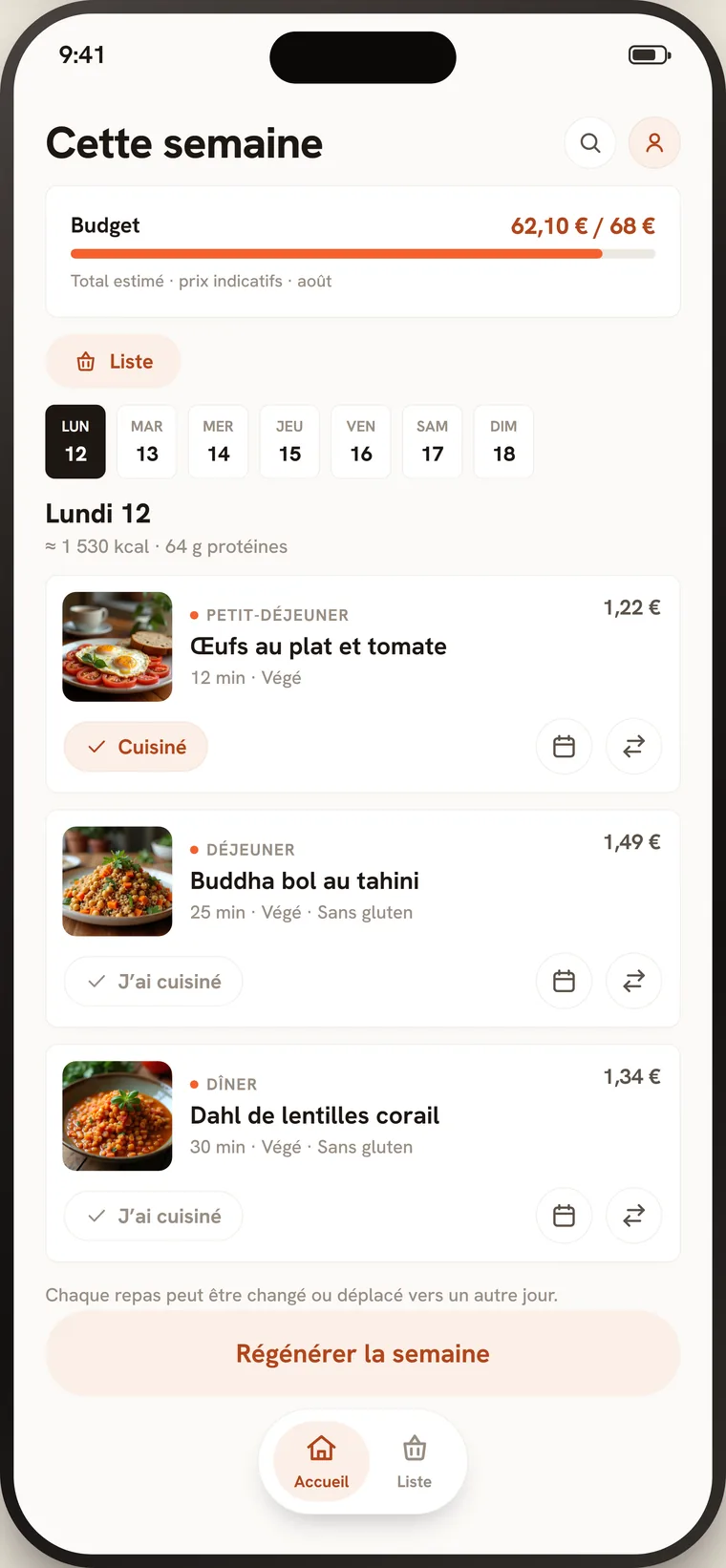 Écran « Cette semaine » de Mijo : budget de la semaine à 62,10 € sur 68 €, sélecteur de jours, et les trois repas du lundi avec leur coût estimé.