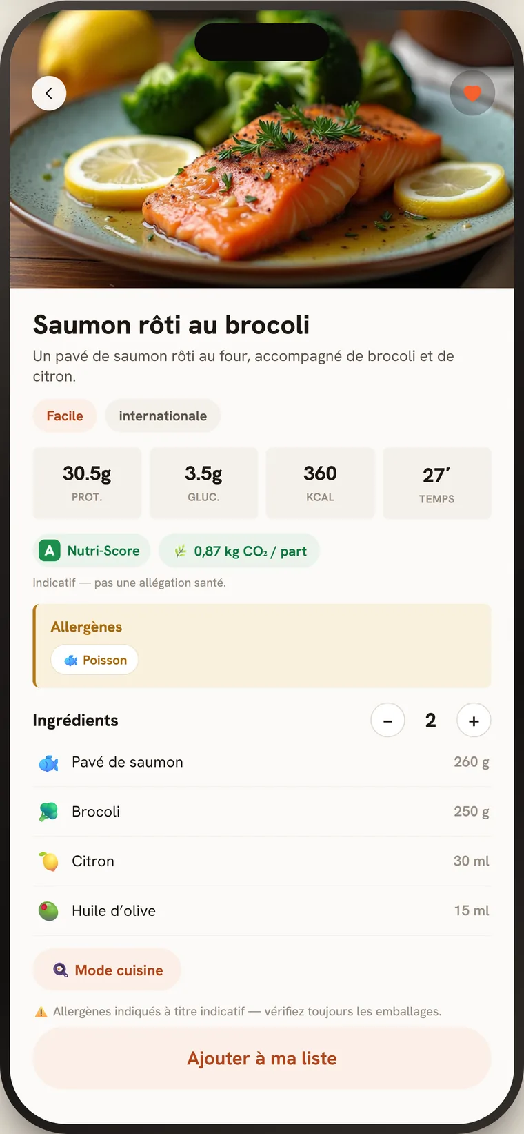 Fiche recette de Mijo : photo du plat, protéines, glucides, calories et temps de préparation, Nutri-Score indicatif, empreinte carbone par portion, allergènes et liste des ingrédients.
